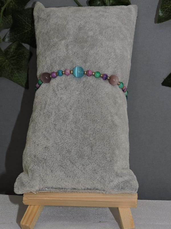 DSCN1020 Bracelet perles oeil de chat mauve et turquoise