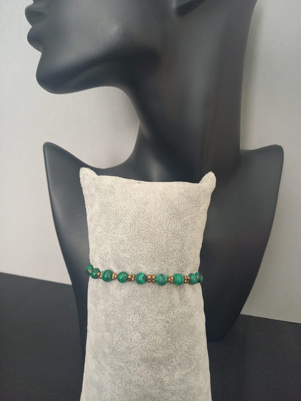 Bracelet en malachite et perles de riz bronze
